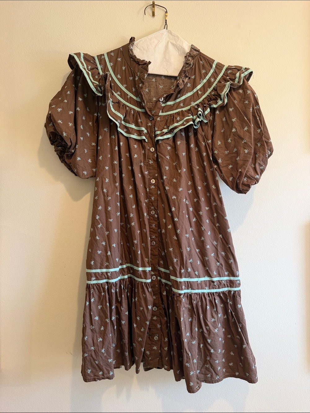 Entro Brown Ruffle Button-Front Dress with Mint Trim